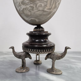 Superbly carved Emu egg on a emu metal and ebony base. It depicts an Aboriginal hunting scene and dreaming's. It is in good original condition, please view photos as they help form part of the description.