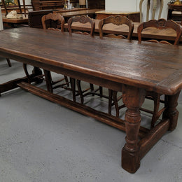 Amazing 2.65 meter French Elm Refectory dining table with loads of rustic charm. This table has been sourced from France and can comfortably seat ten people. It is in good original detailed condition.