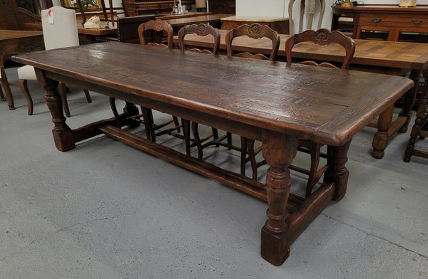 Amazing 2.65 meter French Elm Refectory dining table with loads of rustic charm. This table has been sourced from France and can comfortably seat ten people. It is in good original detailed condition.