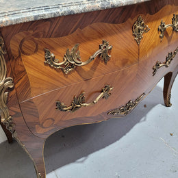 Stunning French Walnut and Rosewood Louis XV style two drawer commode with a beautiful marble top and ormolu mounts. In good original detailed condition.