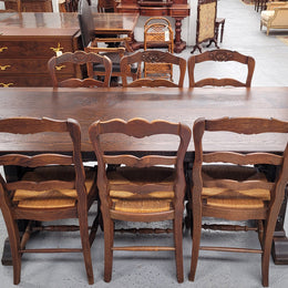 Stunning French dark Oak refectory style dining table. It has been sourced from France and is in good original detailed condition.