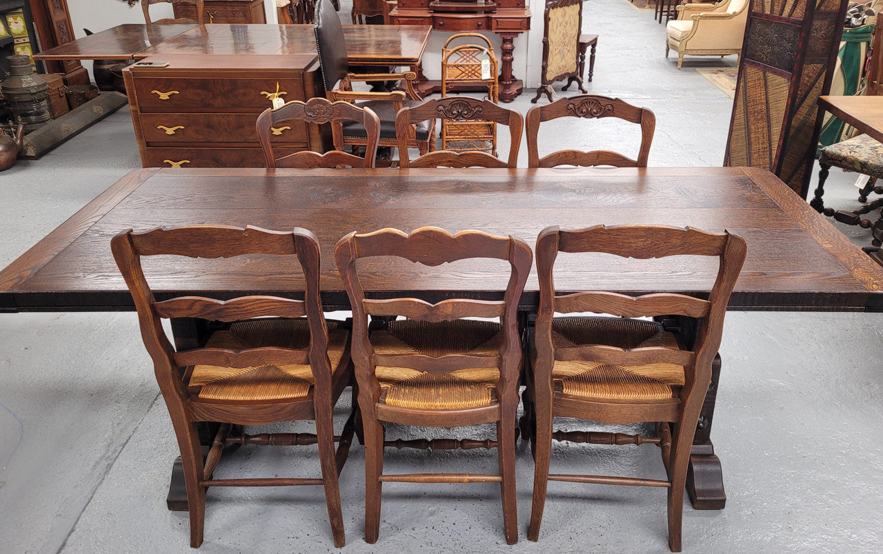 Stunning French dark Oak refectory style dining table. It has been sourced from France and is in good original detailed condition.