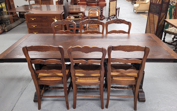 Stunning French dark Oak refectory style dining table. It has been sourced from France and is in good original detailed condition.