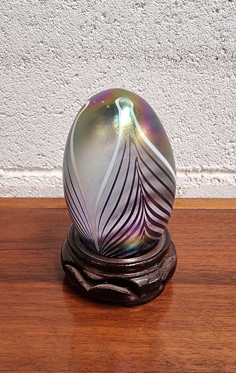 Iridescent Glass Egg Shaped Paper Weight On Stand