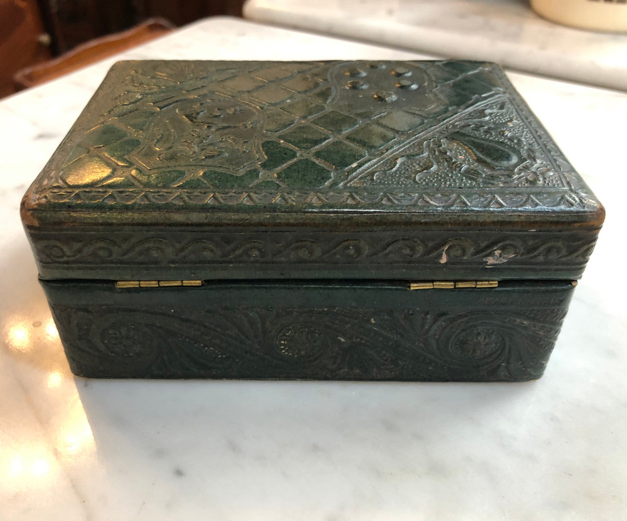 Victorian Green Leather Embossed Box | Antique & Vintage | Moonee Ponds Antiques | Australia Wide Delivery