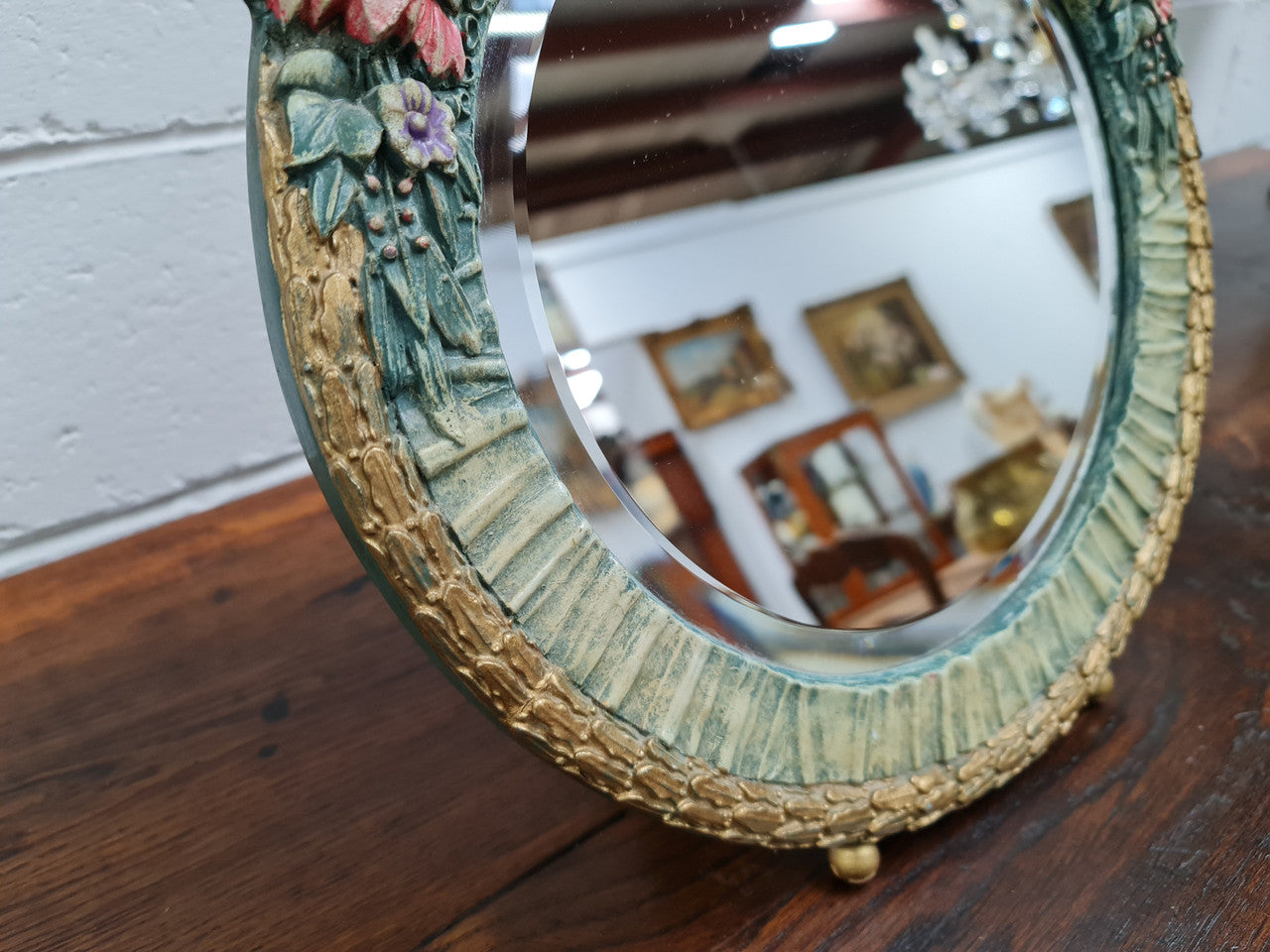 Beautifully Decorated Barbola Round Bevelled Edge Mirror | Antique & Vintage | Moonee Ponds Antiques | Australia Wide Delivery