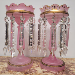 Large Victorian pink glass an gilt trim crystals lusters. It is in good original condition, please view photos as they help form part of the description.