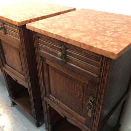 Pair Of French Marble Top Oak Bedside Cabinets