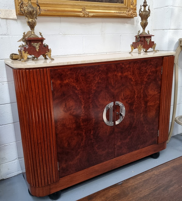 Beautiful Bespoke Art Deco style Walnut and Mahogany marble top buffet. In good original detailed condition.