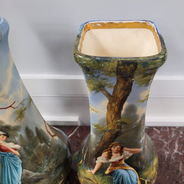 Pair of Victorian hand painted decorative vases depicting women. Please view photos as they help form part of the description.