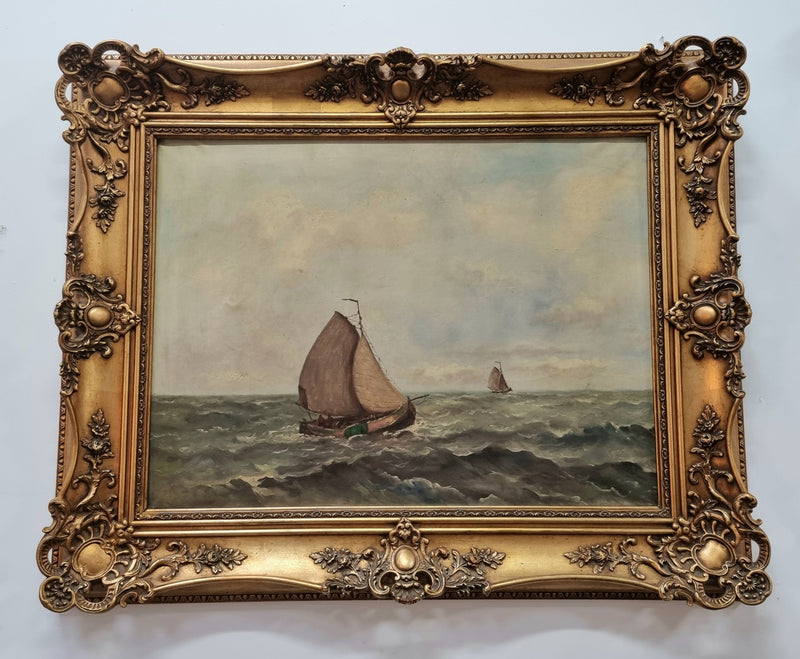 Beautiful 19th century French school oil on canvas of a ship in rough seas and framed beautifully in an ornate frame in good condition.