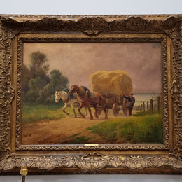 Amazing French impressionist oil on canvas of draft horses which is signed and in a lovely ornate frame. In very good original condition.