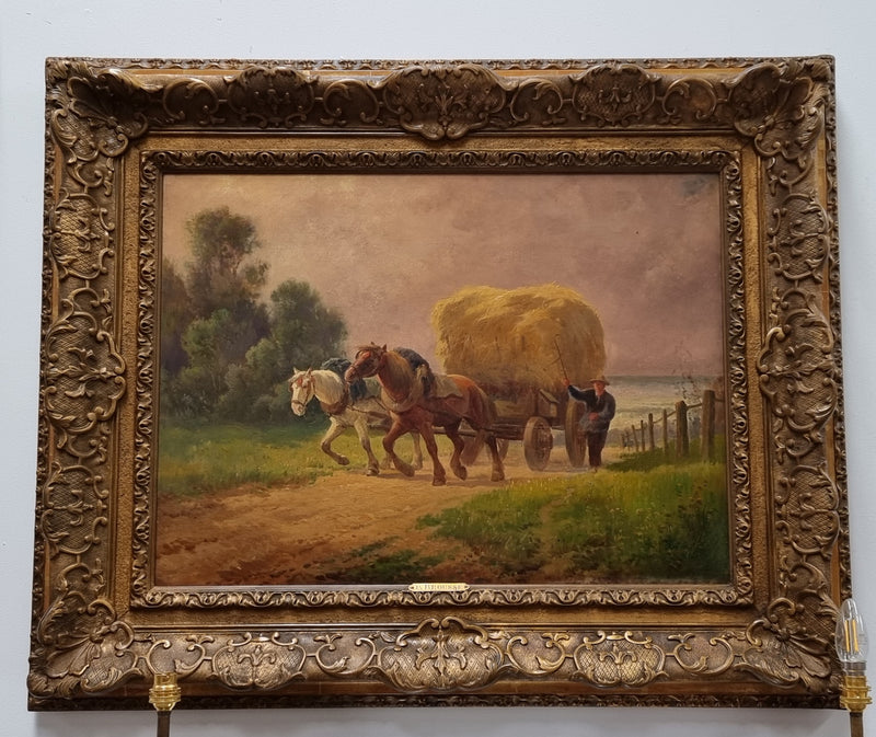Amazing French impressionist oil on canvas of draft horses which is signed and in a lovely ornate frame. In very good original condition.