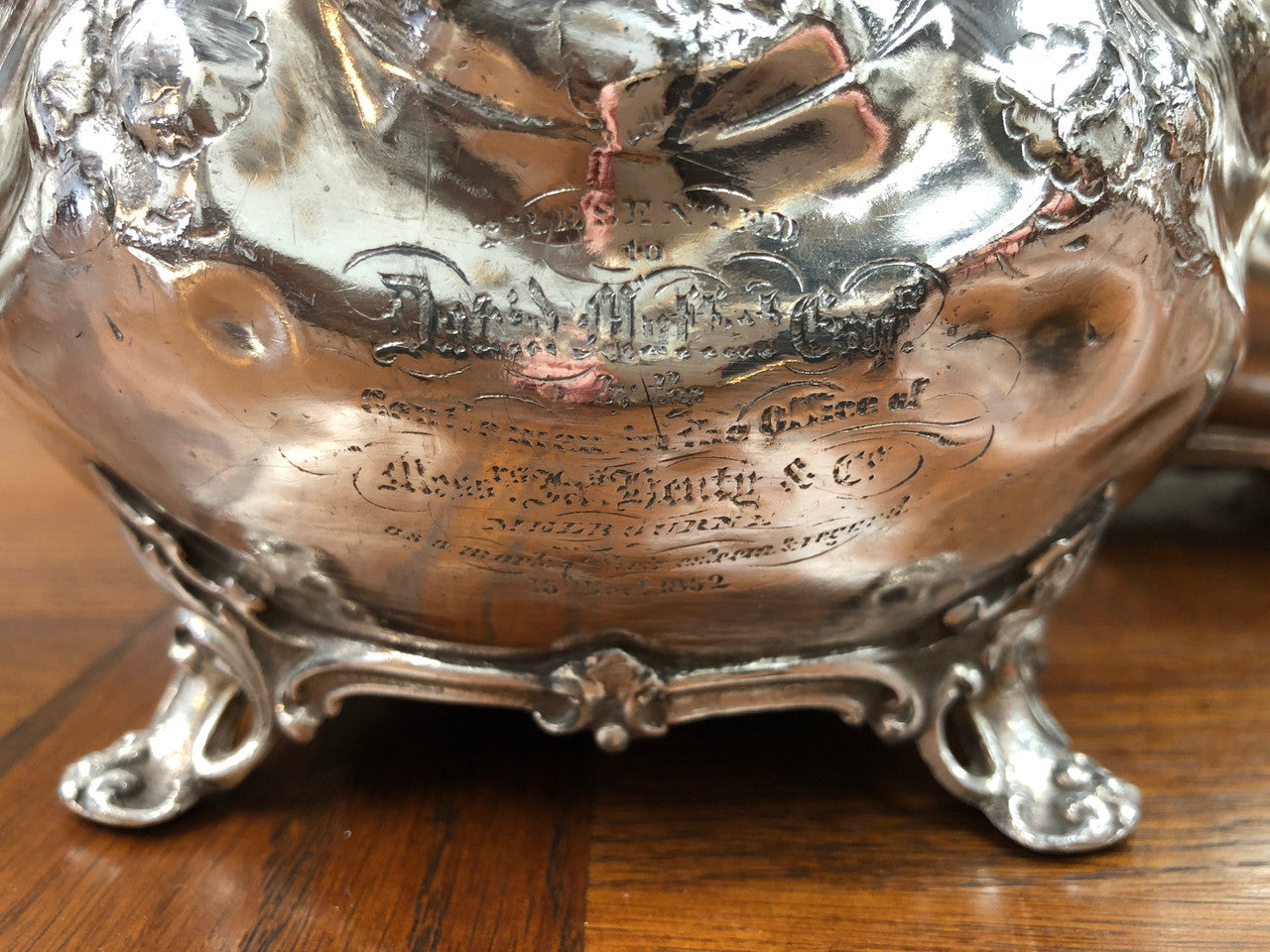 Antique Silver plate Britannia metal Victorian 4 piece tea / coffee service with lovely detail . Inscription and date of 1852.