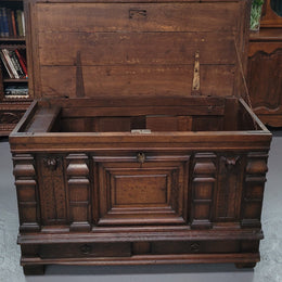 Stunning 18th Century solid French oak Cassone. It has plently of storage space inside along with two drawers at the bottom. It has loads of charter and has been sourced from France. It is in good original detailed condition.