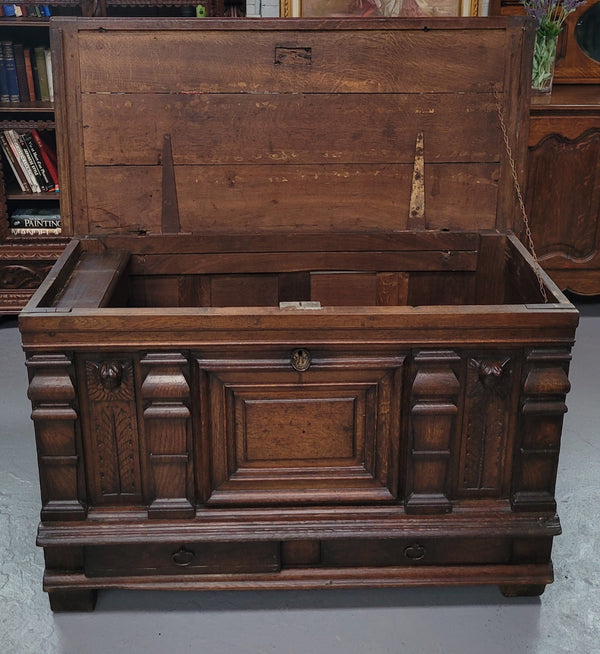 Stunning 18th Century solid French oak Cassone. It has plently of storage space inside along with two drawers at the bottom. It has loads of charter and has been sourced from France. It is in good original detailed condition.