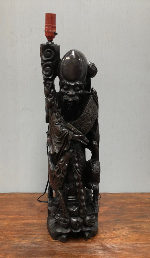 Antique Chinese hand carved Rosewood Immortal "Shou Xing" God of longevity lamp base. Profusely inlaid with brass cloisons. Meiji period Circa 1880.