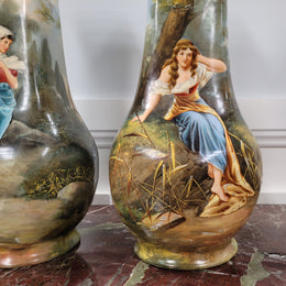 Pair of Victorian hand painted decorative vases depicting women. Please view photos as they help form part of the description.