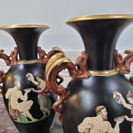 Pair Antique 19th century Paris porcelain Grecian style vases. Please view photos as they help form part of the description.