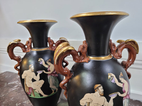 Pair Antique 19th century Paris porcelain Grecian style vases. Please view photos as they help form part of the description.