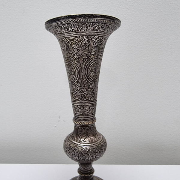 Pair of antique Indian silver plated vases with markings 'I, 546'. Sourced locally. They are in good original condition.