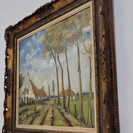Impressionist style oil painting on canvas and on board of a farm scene. In an ornate gilt frame and in good original detailed condition.