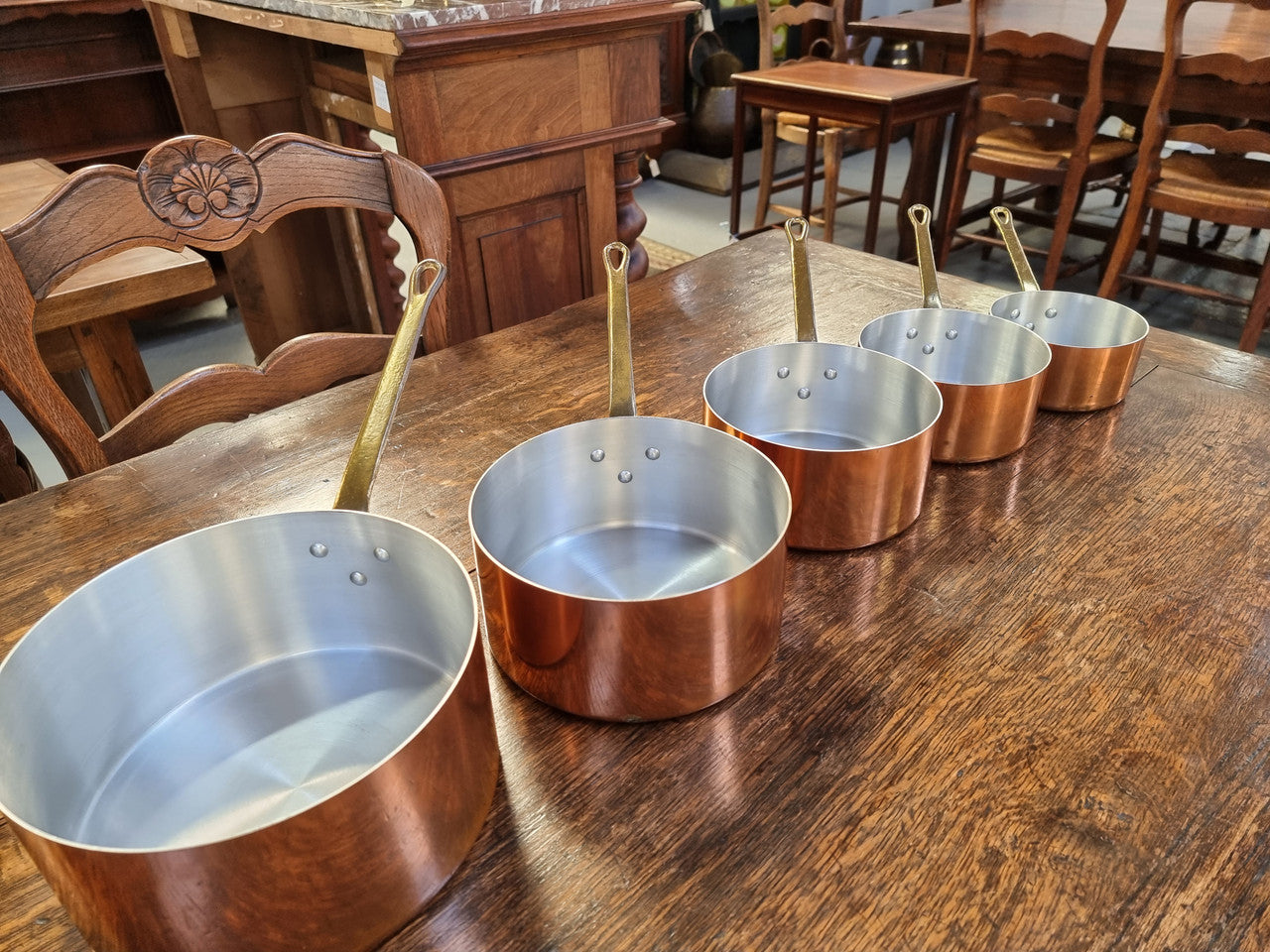 Set of Five French Vintage Copper & Brass Saucepans. They are in amazing original condition.