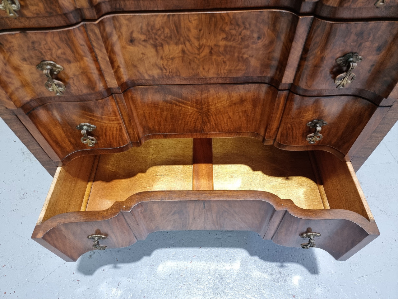 Antique English Figured Walnut Inverted Serpentine Fronted Chest of Drawers | Antique & Vintage | Moonee Ponds Antiques | Australia Wide Delivery