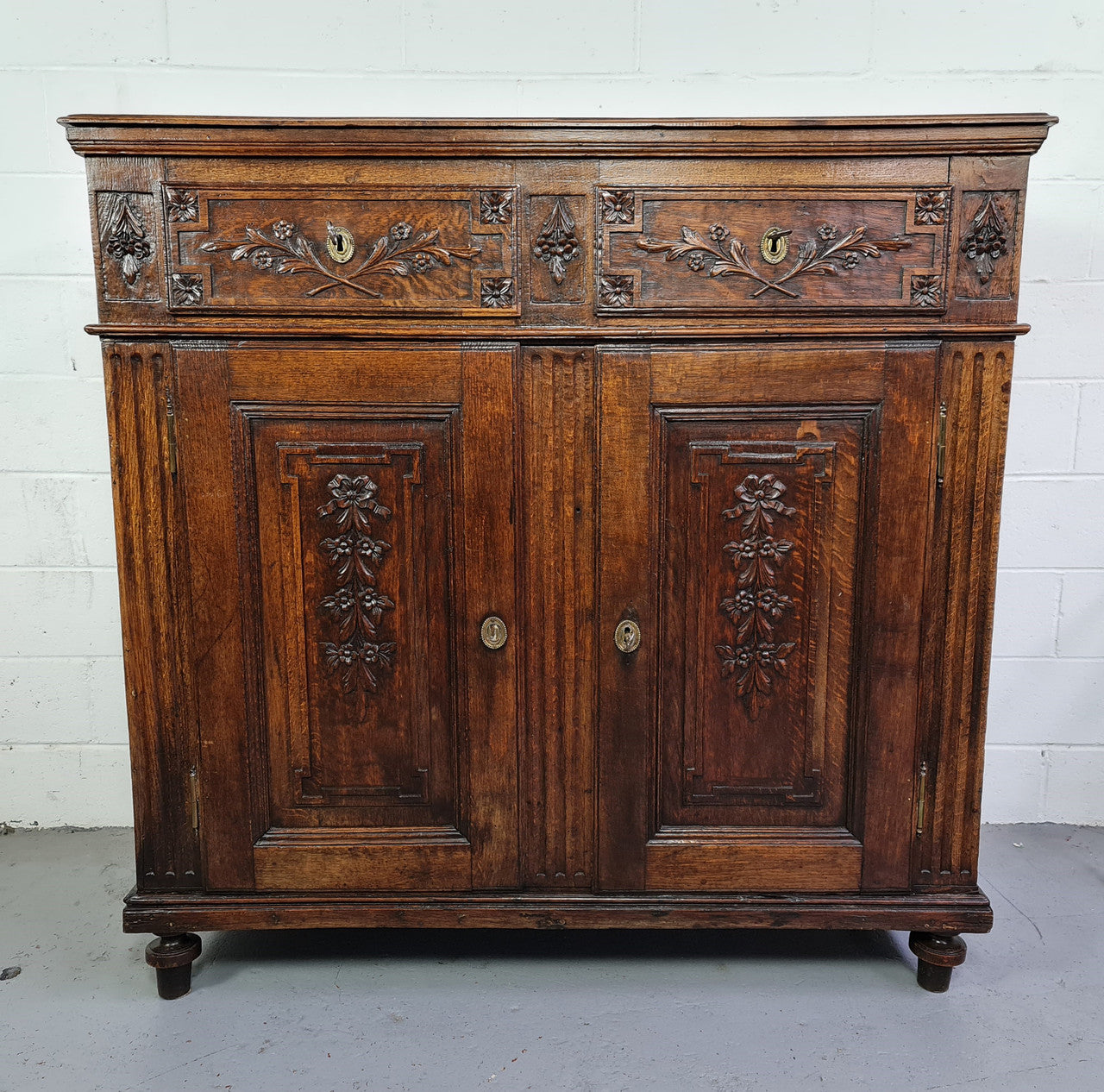 18th Century French Oak Tall Sideboard With  Detailed Carvings