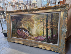 Vintage French Oil Painting On Canvas "Forest Cottage Scene" | Antique & Vintage | Moonee Ponds Antiques | Australia Wide Delivery