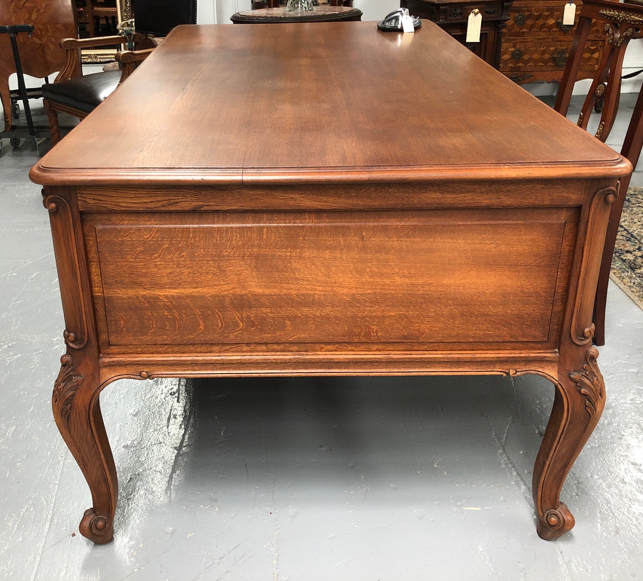 French Oak Louis XV style full partners desk with both sides having five functional drawers. In very good original detailed condition.