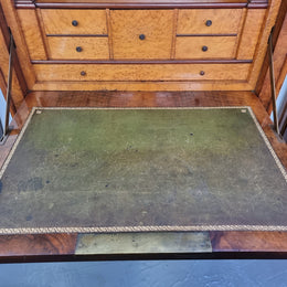 Fabulous 19th Century French Oyster Veneer and walnut abbattant with a lovely marble top, tooled leather work section and two secret drawers. There are also four larger drawers for storage and it is in good original detailed condition.