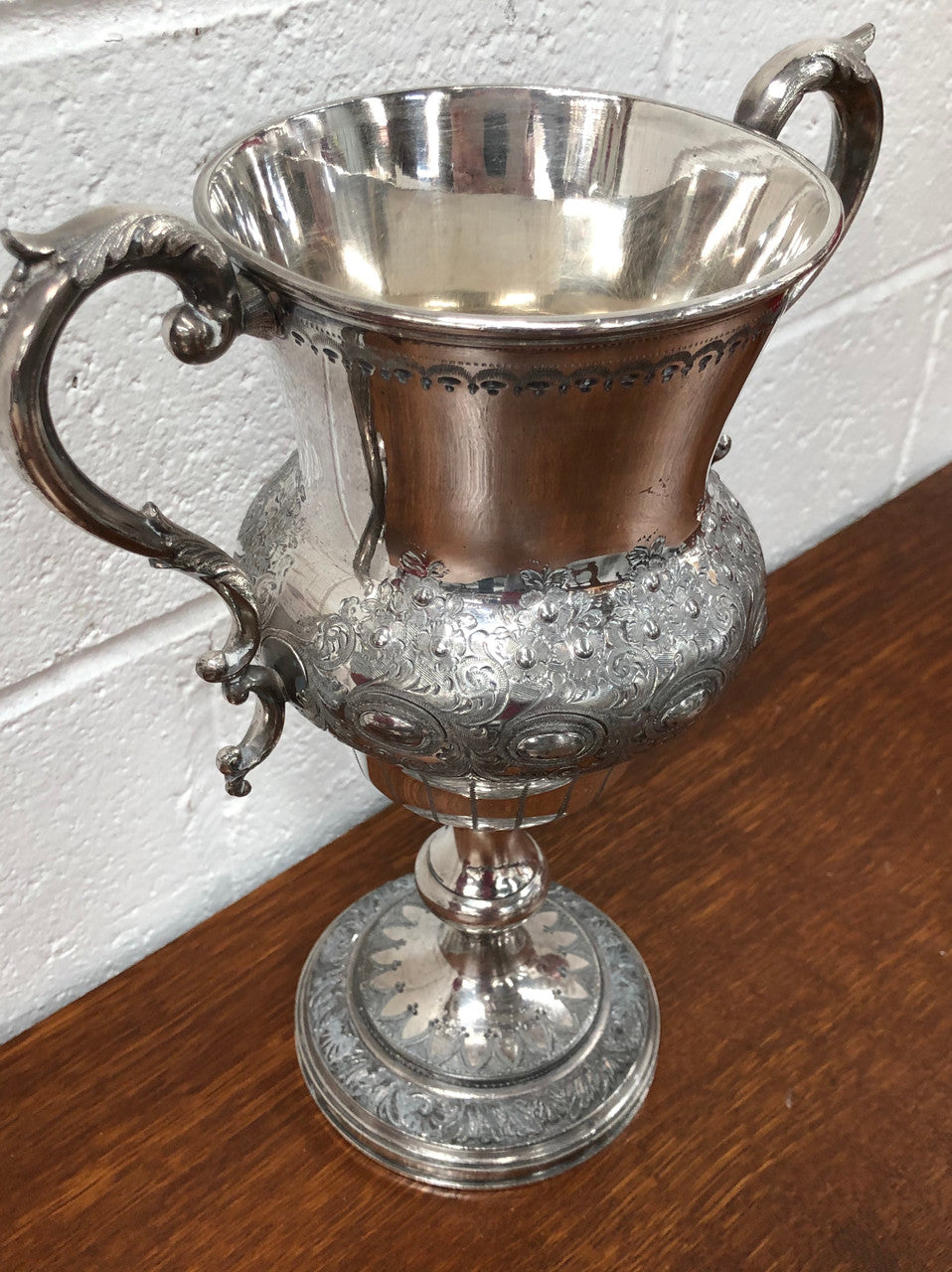 Large Embossed and Engraved Silver Plate Trophy or Vase | Antique & Vintage | Moonee Ponds Antiques | Australia Wide Delivery