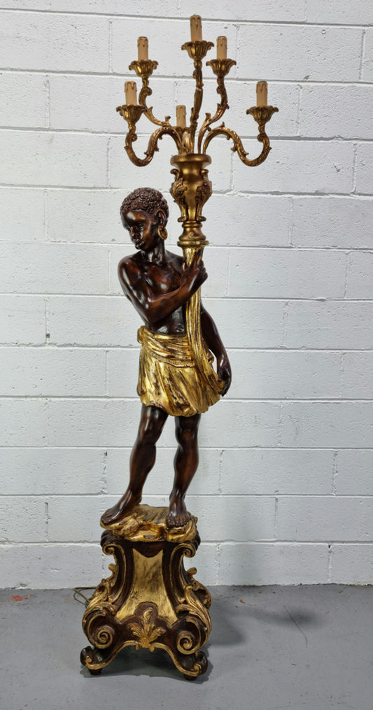 19th century wooden Italian Blackamoor floor lamp, with six-arm candelabra. Beautifully painted with gesso, gilt and in good original condition. Re-wired to Australian safety standards and ready to use.
