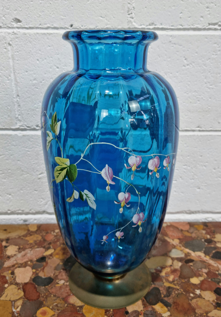 Decorative Victorian Enameled Hand Painted Blue Glass Vase "Bird and Flower Scene" | Antique & Vintage | Moonee Ponds Antiques | Australia Wide Delivery