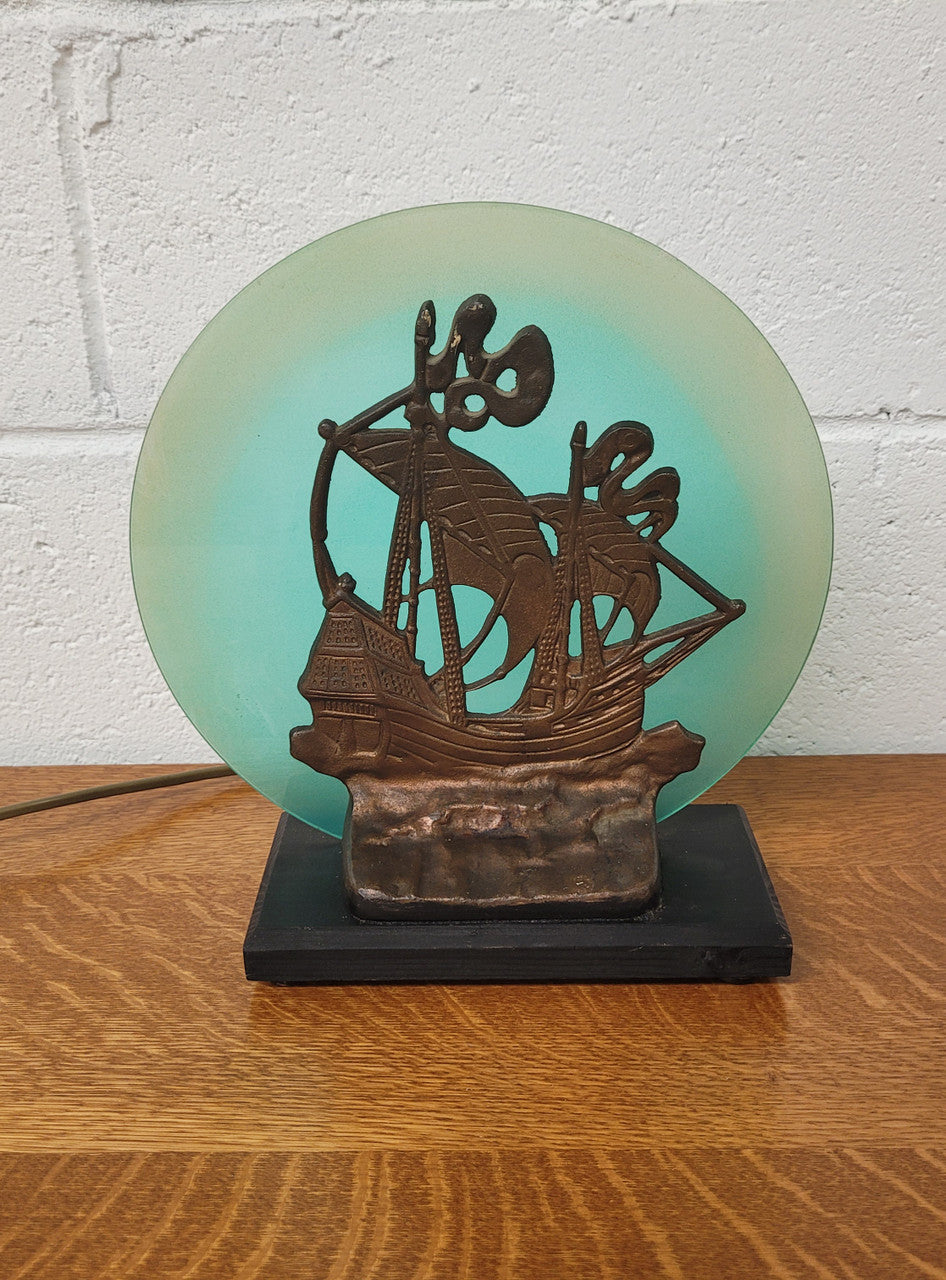 Art Deco Bronze Glass Ships Lamp
