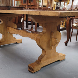 Stunning French Oak Farmhouse table with two extension leaves. When fully extended the table measures to a massive 339.5 cm long. Sourced from France and in good original detailed condition.