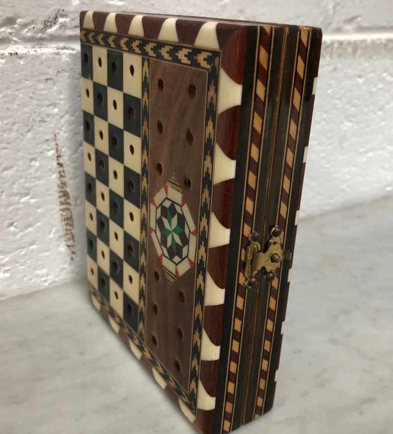 Vintage inlaid folded chess board box with pieces inside. In good clean original condition.