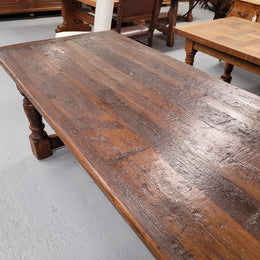 Amazing 2.65 meter French Elm Refectory dining table with loads of rustic charm. This table has been sourced from France and can comfortably seat ten people. It is in good original detailed condition.