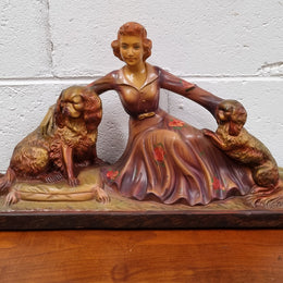 Appealing Art Deco Statue of a Woman & Two King Charles Spaniel Dogs