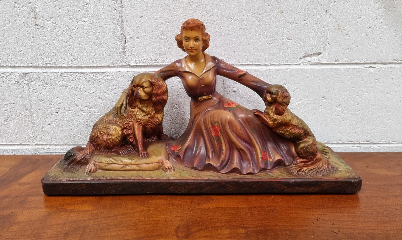 Appealing Art Deco Statue of a Woman & Two King Charles Spaniel Dogs