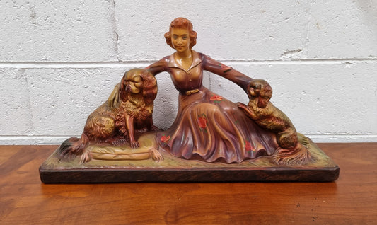 Appealing Art Deco Statue of a Woman & Two King Charles Spaniel Dogs
