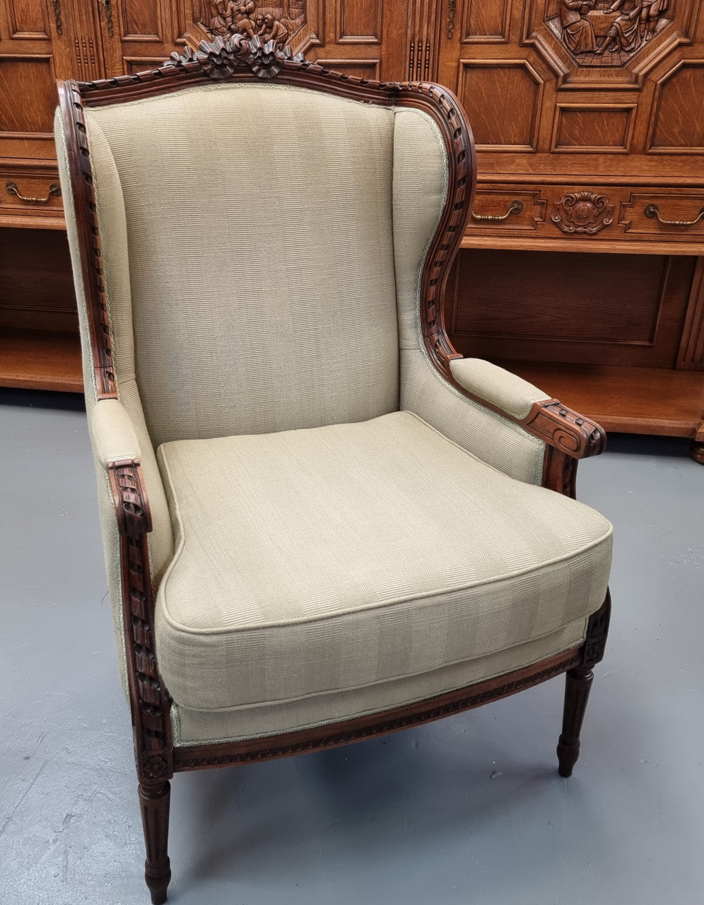 Beautifully Carved Louis XVI Walnut Upholstered Wingback Chair | Antique & Vintage | Moonee Ponds Antiques | Australia Wide Delivery