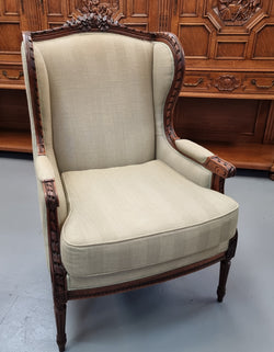 Beautifully Carved Louis XVI Walnut Upholstered Wingback Chair | Antique & Vintage | Moonee Ponds Antiques | Australia Wide Delivery