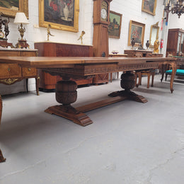 French Oak Renaissance Style Extension Table With Stretcher Base