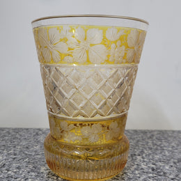Antique Amber Bohemian acid etched and wheel engraved crystal vase. It has a stunning frieze of vine branches and a star cut base. It is in good original condition, please view photos as they help form part of the description.