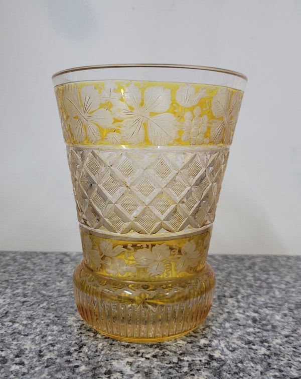 Antique Amber Bohemian acid etched and wheel engraved crystal vase. It has a stunning frieze of vine branches and a star cut base. It is in good original condition, please view photos as they help form part of the description.