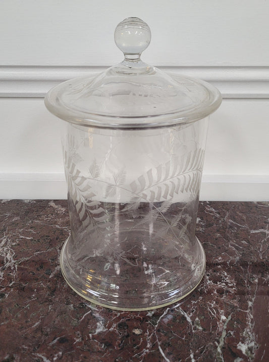 Victorian etched glass lidded jar. Please view photos as they help form part of the description.
