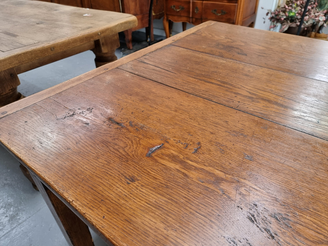 Amazing 19th Century French Oak Farmhouse Style Dining Table with three drawers. It is made from 3 large planks of wood which is very hard to find. 105.5 cm wide.