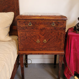 French Art Deco bedroom suite consisting of queen size bed in Amboyna wood and featuring pretty inlay. It comes with a matching pair of bedsides. It is a very stylish and high quality suite. It has been sourced from France and is in good original detailed condition.